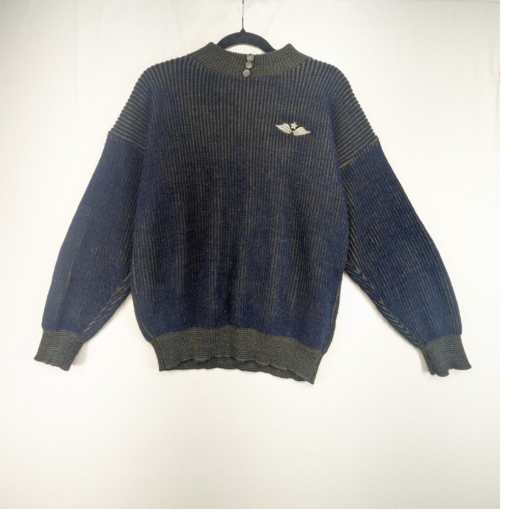 Justin Allen Vintage 90s Ribbed Knit Sweater Navy Green Mock Neck Wing USA Made